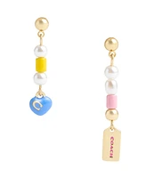 Coach Faux Pearl Signature Charm Mismatched Linear Earrings