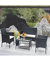 4 Piece Rattan Patio Furniture Set Outdoor Patio Cushioned Seat Wicker Sofa (Cushion)