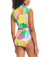 Sanctuary Women's Plunge-Neck Cap-Sleeve One-Piece Swimsuit