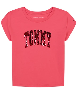 Tommy Hilfiger Big Girls Arch Flip-Sequin Cotton Graphic T-Shirt