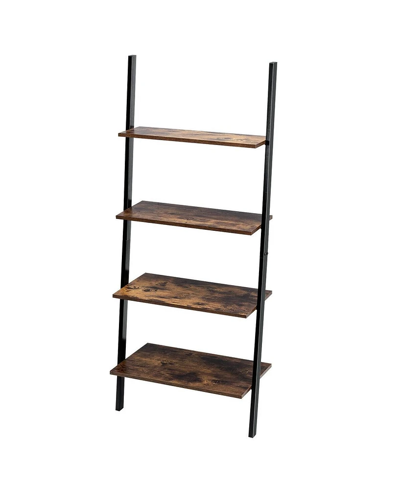 Multipurpose 4-Tier Industrial Leaning Wall Bookcase with Metal Frame