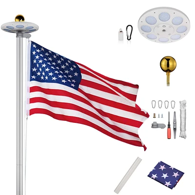 Yescom 30 Ft Sectional Aluminum Flag Pole Kit with Led Solar Light Us Flag Garden