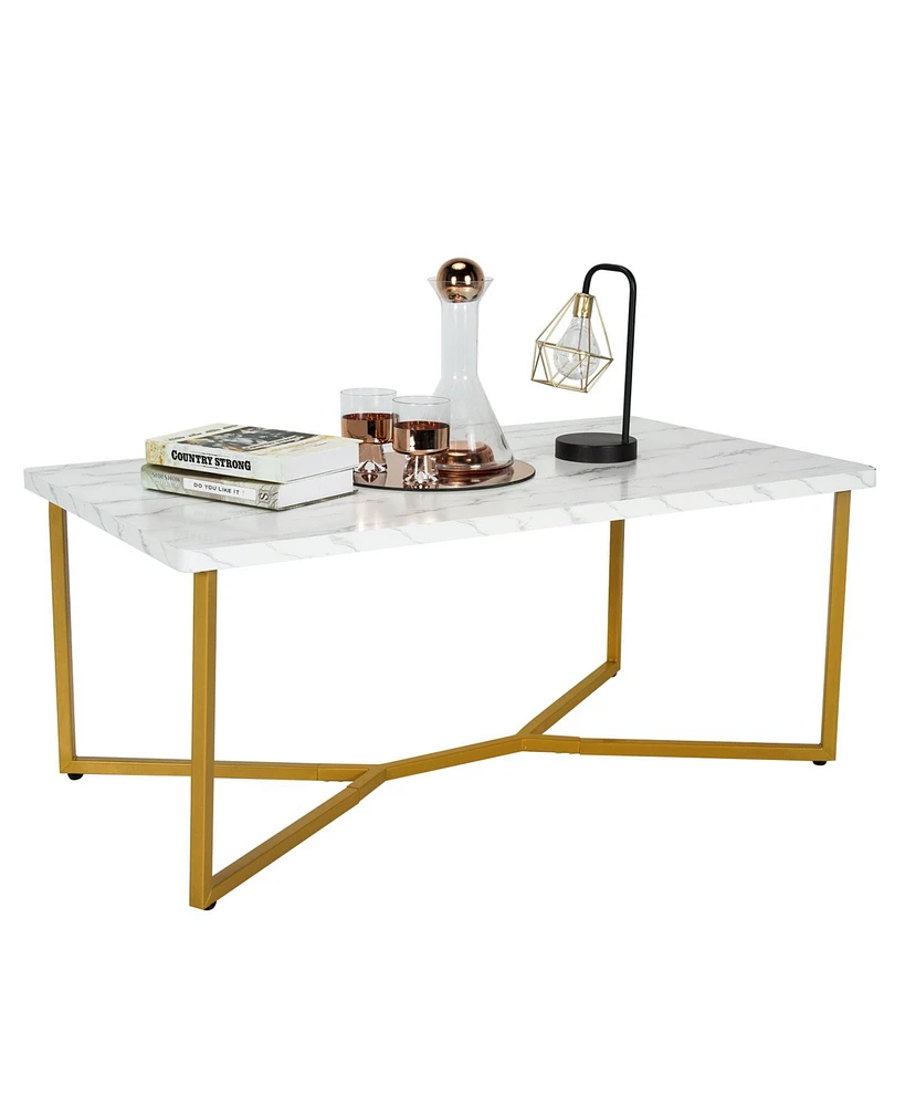 Slickblue White Faux Marble Coffee Table with Gold Finished Metal Frame