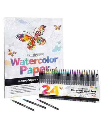 Net Focus Media Watercolor Brush Pens – Includes 24 Colorful Watercolor Markers (Flexible Nylon Brush Tips) with Refillable Water Blending Brus