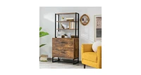 Slickblue Letter Size Lateral File Cabinet with Lock and Bookshelf-Rustic Brown