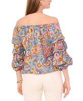 Vince Camuto Women's Printed Off The Shoulder Bubble Sleeve Tie Front Blouse