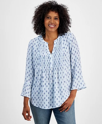 Style & Co Women's Split-Neck Pin-Tuck 3/4-Sleeve Top, Created for Macy's