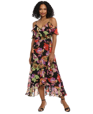 London Times Petite Floral-Print Cold-Shoulder Maxi Dress