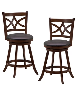 Sugift Set of 2 Bar Chairs 360 Swivel with Leather Cushioned Seat and Rubber Wood Frame-24 inch