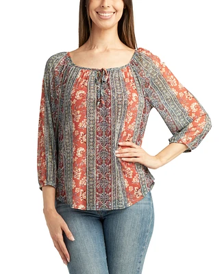 Bcx Juniors' Printed Tie-Neck Bubble-Sleeve Peasant Top