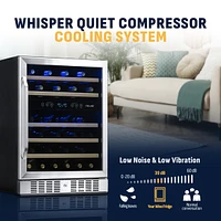 Newair 24 Inch Built-in 46 Bottle Dual Zone Compressor Wine Fridge in Stainless Steel, Quiet Operation with Beechwood Shelves