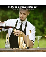 Touch of Mixology Premium 14 Piece Stainless Steel Bartender Kit with Bamboo Stand (Gold)