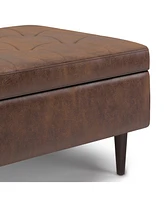 Simpli Home Oregon Storage Ottoman Bench with Tray in Satin Cream Pu Leather