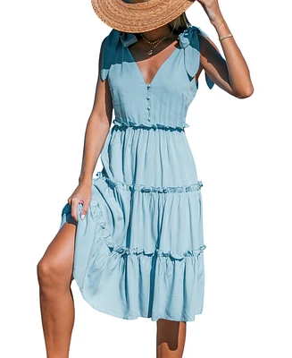 Cupshe Women's Sky Blue Shoulder Tie V-Neck Mini Beach Dress