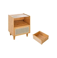 Slickblue 2 Pieces Bamboo Rattan Nightstand with Drawer and Solid Wood Legs