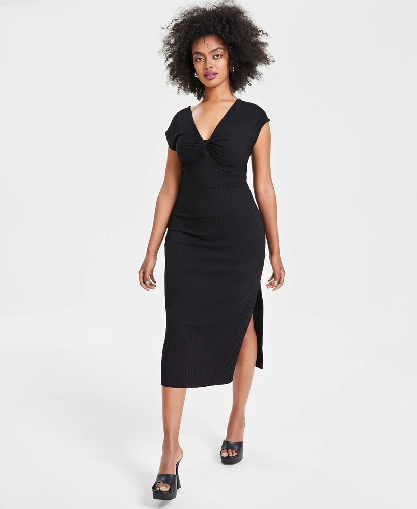 Bar Iii Women's Rib-Knit Keyhole Twist-Front Midi Dress, Created for Macy's