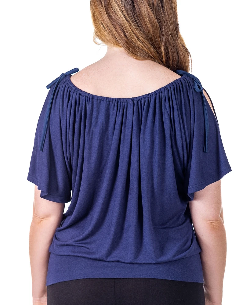 24seven Comfort Apparel Solid Color Short Sleeve Split Shoulder Top