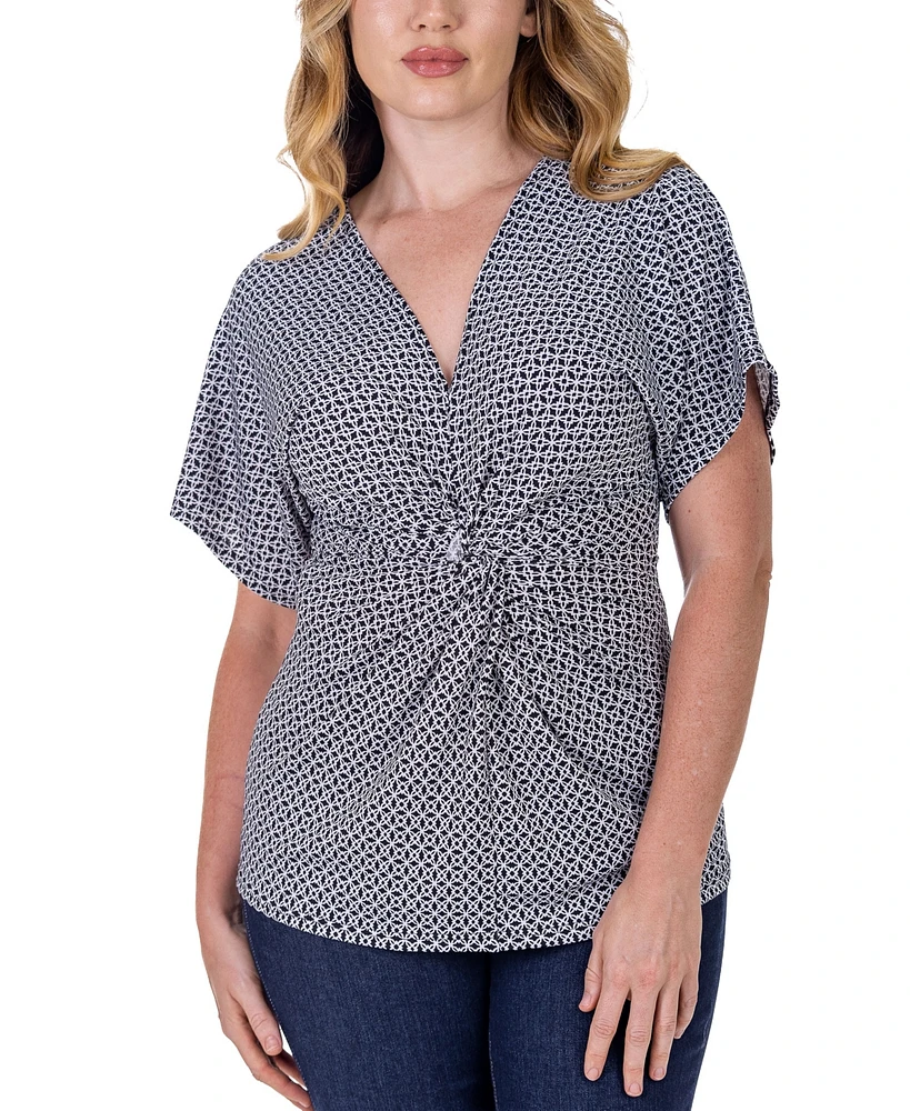 24seven Comfort Apparel V Neck Geometric Print Knot Front Kimono Sleeve Top