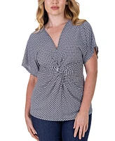 24seven Comfort Apparel V Neck Geometric Print Knot Front Kimono Sleeve Top