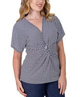 24seven Comfort Apparel V Neck Geometric Print Knot Front Kimono Sleeve Top