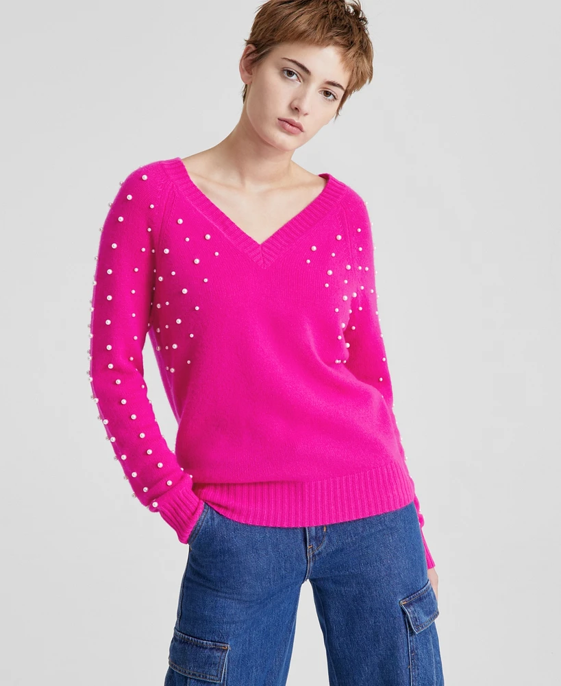 Charter Club Women's Petite Cashmere Faux-Pearl Double V-Neck Sweater, Created for Macy's