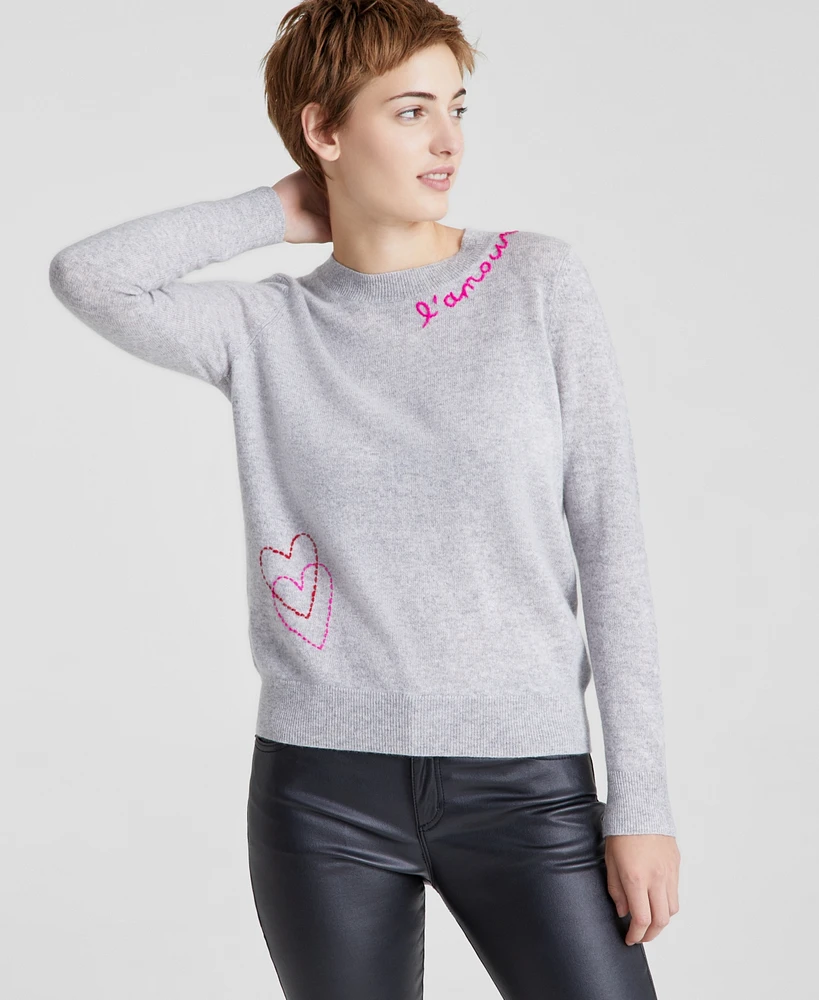 Charter Club Women's Cashmere L'Amour Embroidered Crewneck Sweater, Regular & Petite, Created for Macy's