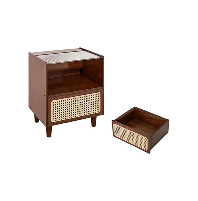 Slickblue 2 Pieces Bamboo Rattan Nightstand with Drawer and Solid Wood Legs