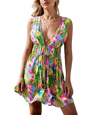 Cupshe Women's Pink & Green Tropical Plunging Mini Beach Dress