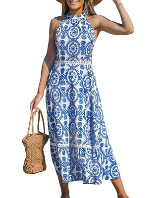 Cupshe Women's Blue & White Ornate Halterneck Sleeveless Midi Beach Dress
