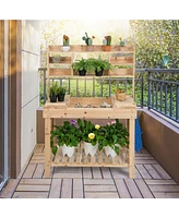 Slickblue Large Garden Potting Bench Table with Display Rack and Hidden Sink-Natural