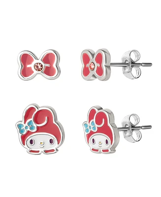 Hello Kitty Sanrio Silver Plated Bow and Melody Pink Crystal Stud Earrings