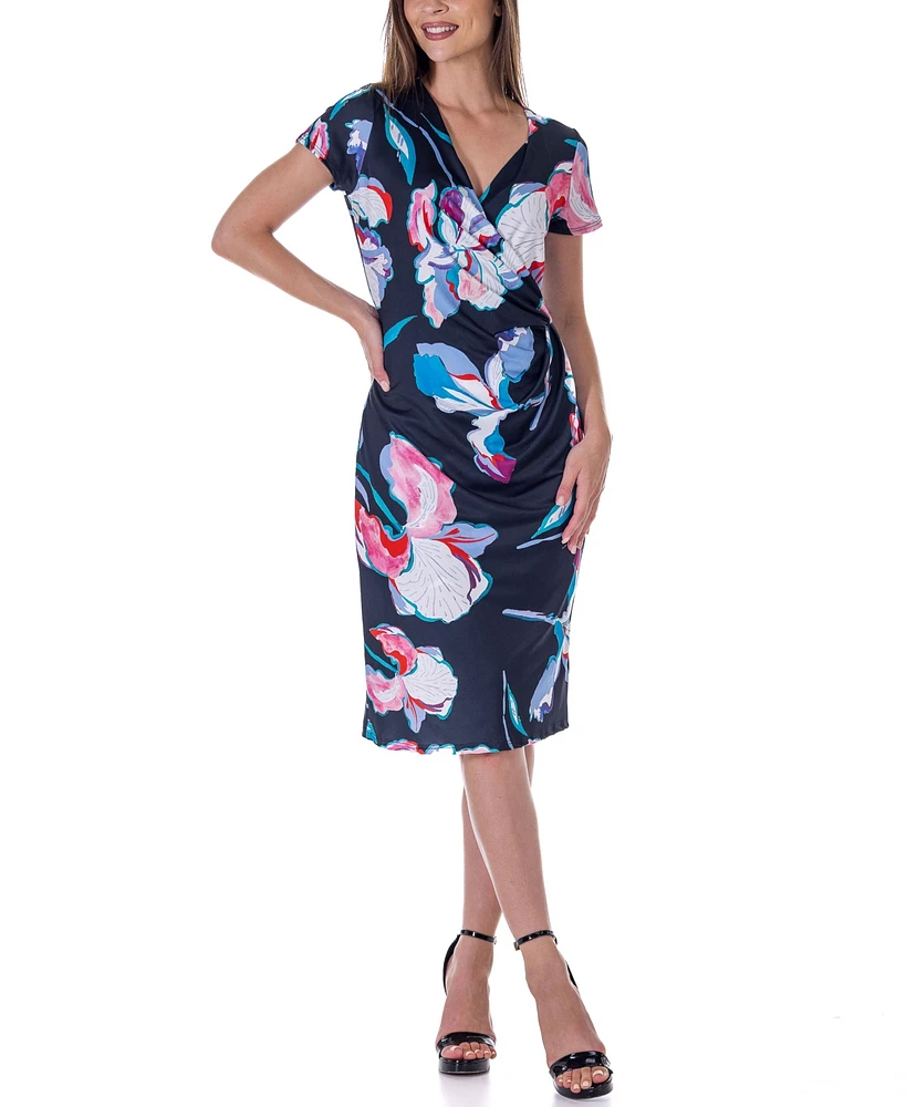24seven Comfort Apparel Print Knee Length Short Sleeve Faux Wrap Dress
