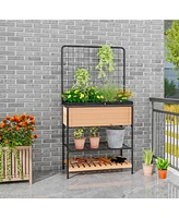 Slickblue Raised Garden Bed with Trellis 2-tier Storage Shelves-Natural