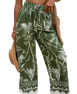 Cupshe Women's Green Tropical Bird Wide Leg Resort Pants