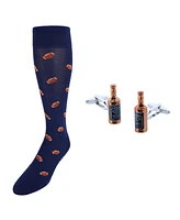 Trafalgar Men's Cheers Whiskey Bottle Cufflinks & Touchdown Football Mid-Calf Socks