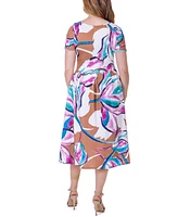 24seven Comfort Apparel Print Short Sleeve Pleated Flare Midi Pocket Dress