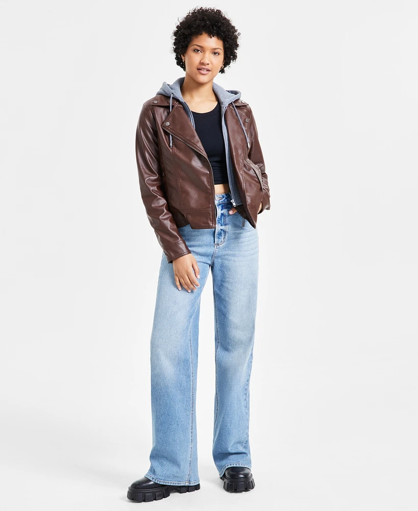 Jou Juniors' Hooded Faux-Leather Moto Jacket, Created for Macy's