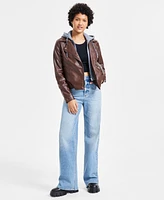 Jou Juniors' Hooded Faux-Leather Moto Jacket, Created for Macy's