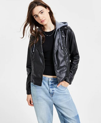 Jou Juniors' Hooded Faux-Leather Moto Jacket, Created for Macy's