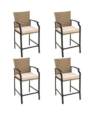 Sugift Patio Rattan Bar Stools Set of 4 with Soft Cushions