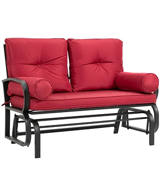 Outsunny Outdoor Rocking Loveseat, Patio Glider Bench, Cushions, Pillow Armrests, Red