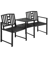 Outsunny 2-Person Double Metal Patio Chairs w/ Coffee Table & Umbrella Hole, Black