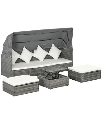 Outsunny 4-pc Patio Rattan Wicker Sofa Set Coffee Table w/ Cushions Dark Blue