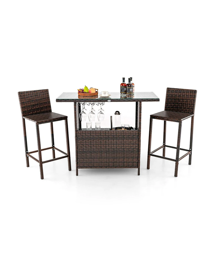 Sugift 3 Pieces Outdoor Wicker Bar Set with 3 Rows Stemware Racks