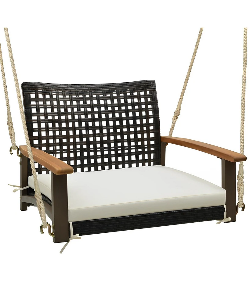 Sugift Single Rattan Porch Swing with Armrests Cushion and Hanging Ropes