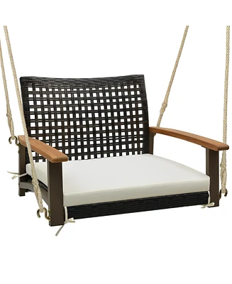 Sugift Single Rattan Porch Swing with Armrests Cushion and Hanging Ropes
