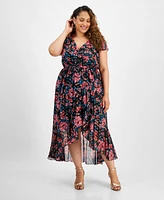 City Studios Plus Size Floral Print Flutter-Sleeve Faux-Wrap Midi Dress