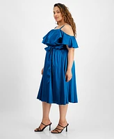 City Studios Plus Ruffled Square-Neck Cold-Shoulder Midi Dress