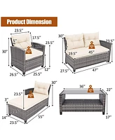 Sugift 4 Pieces Patio Rattan Furniture Set with Cushion and Table Shelf