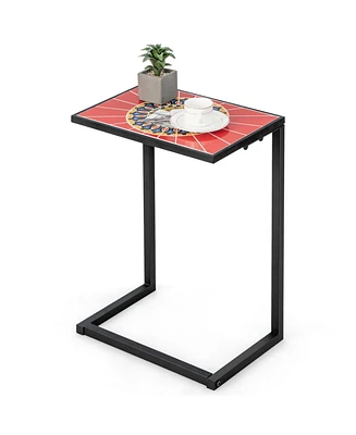Sugift C-shaped Waterproof Outdoor Side End Table with Ceramic Top